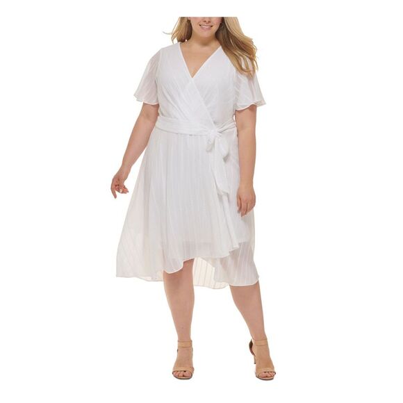 TOMMY HILFIGER Womens White Belted Hem Lined Flutter Sleeve Midi Dress Plus 20W - Picture 3 of 4